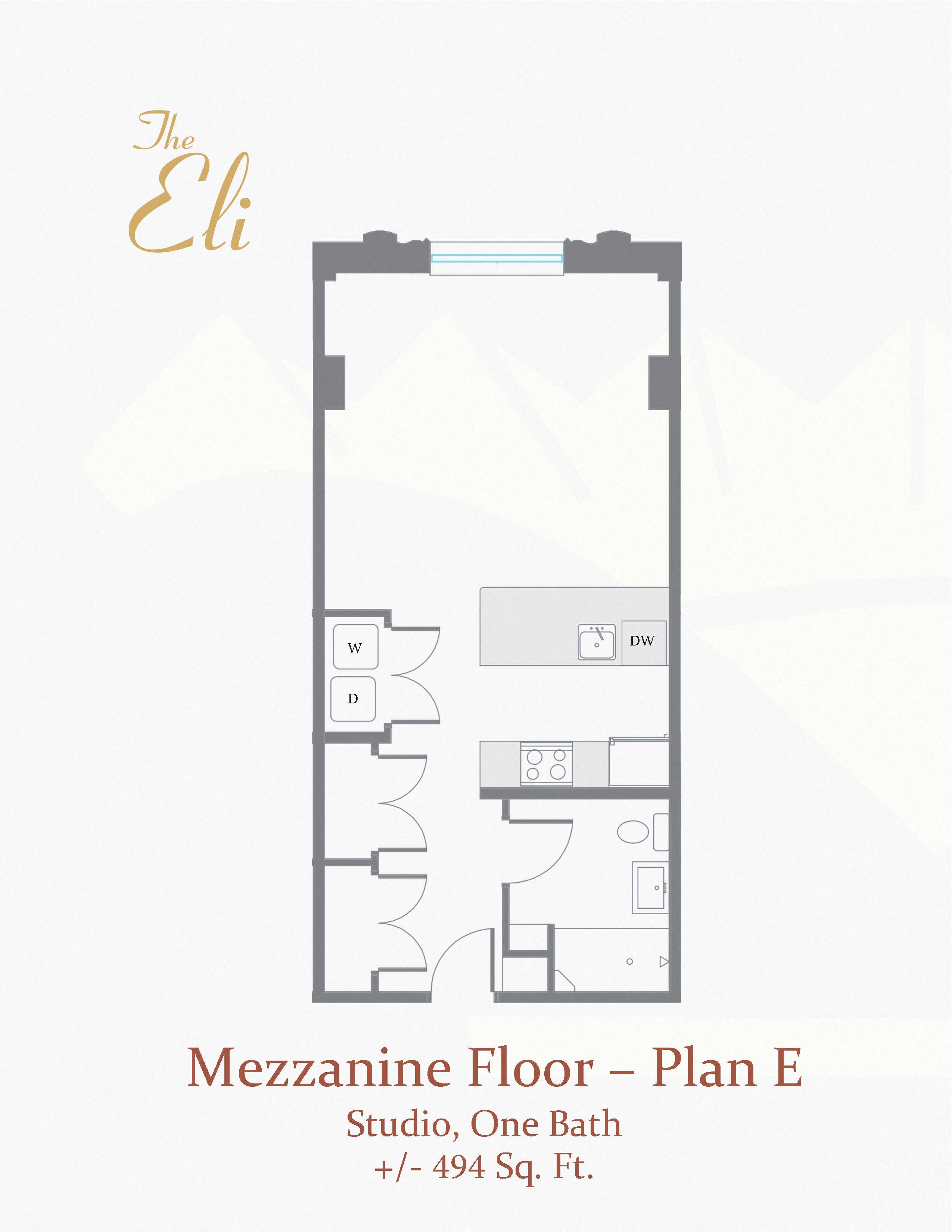 Floor plan for studio, 1 bath, 494 sqft